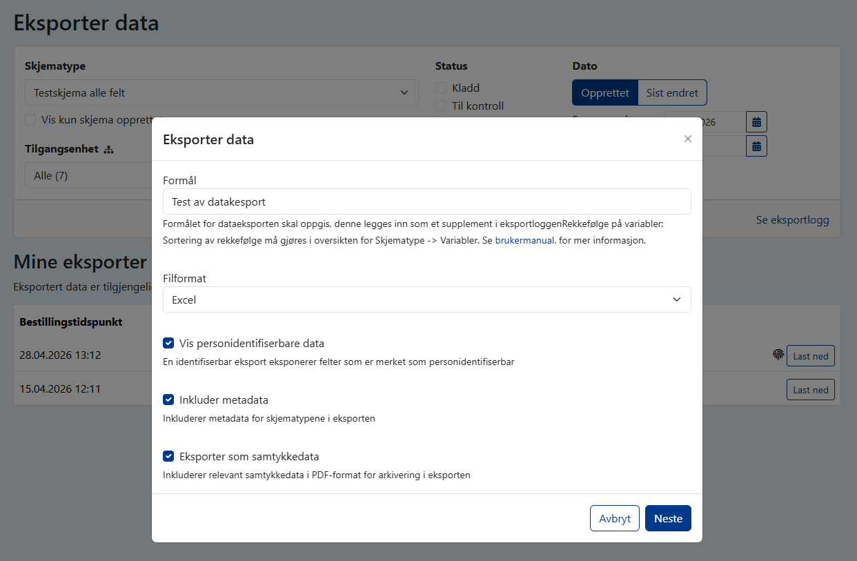 Valg ved eksport av skjemadata — velg skjematype, format og filtrering