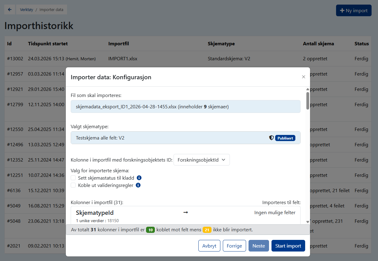 Import av skjemadata i eFORSK — velg fil, skjematype og mapping av kolonner