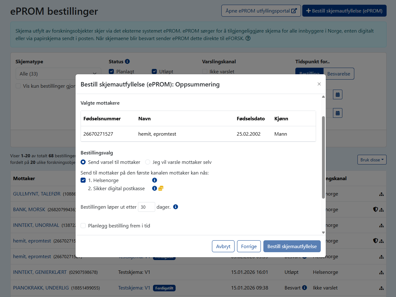 Bestilling av ePROM-utsending til en studiedeltaker